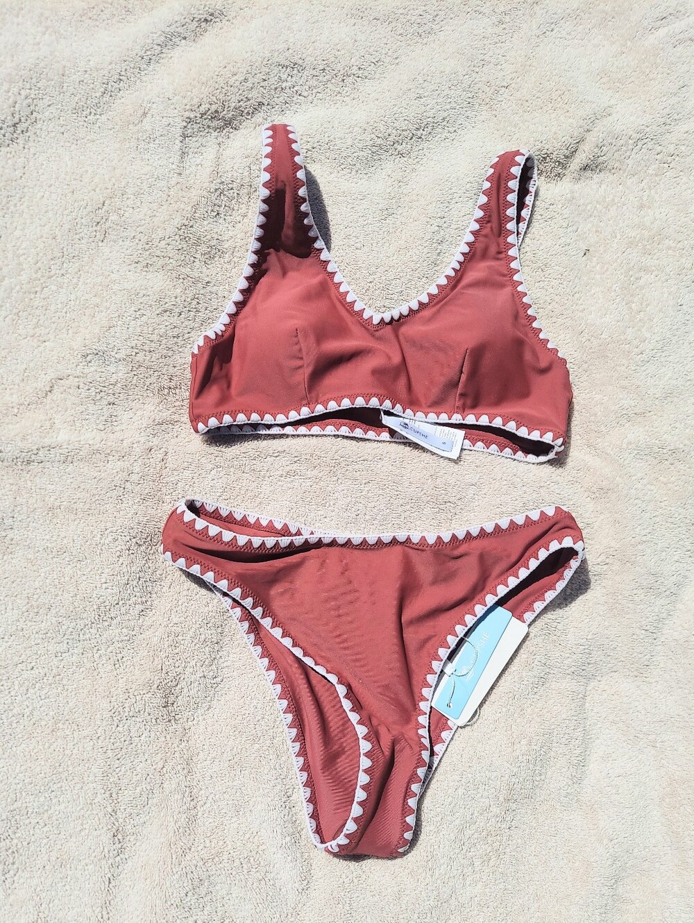 Cupshe Maroon White Trim Two Piece Bikini Set Women's Size Small Preppy Coquette